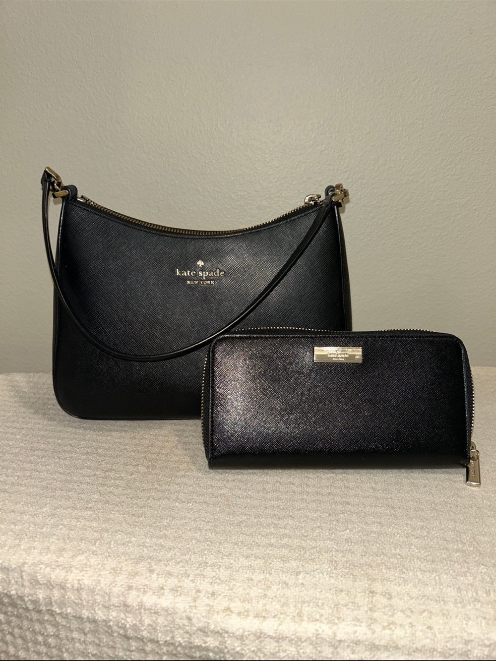 Kate Spade Black Saffiano Shoulder Bag with Matching Zip Wallet